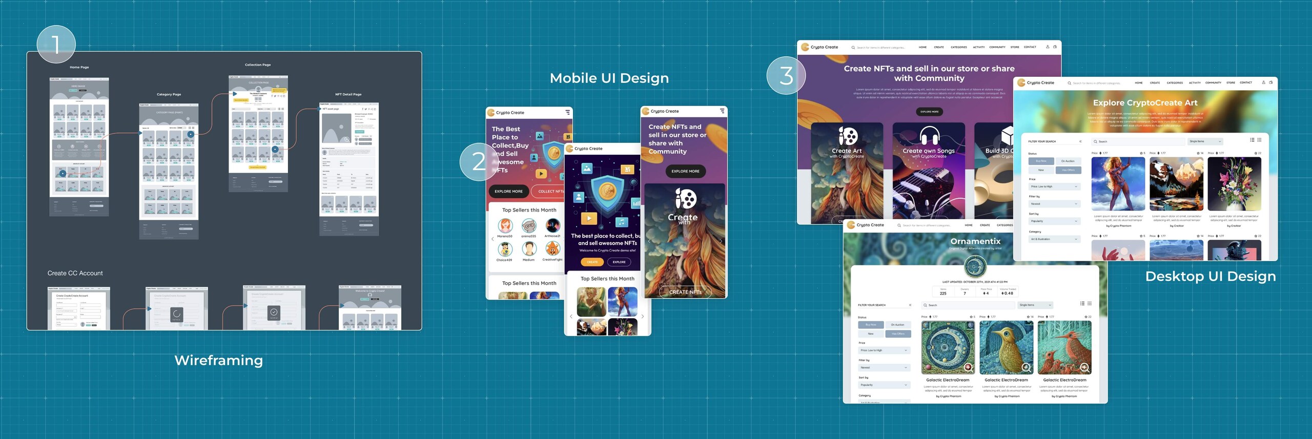 CryptoCreate NFT marketplace wireframes and interface designs